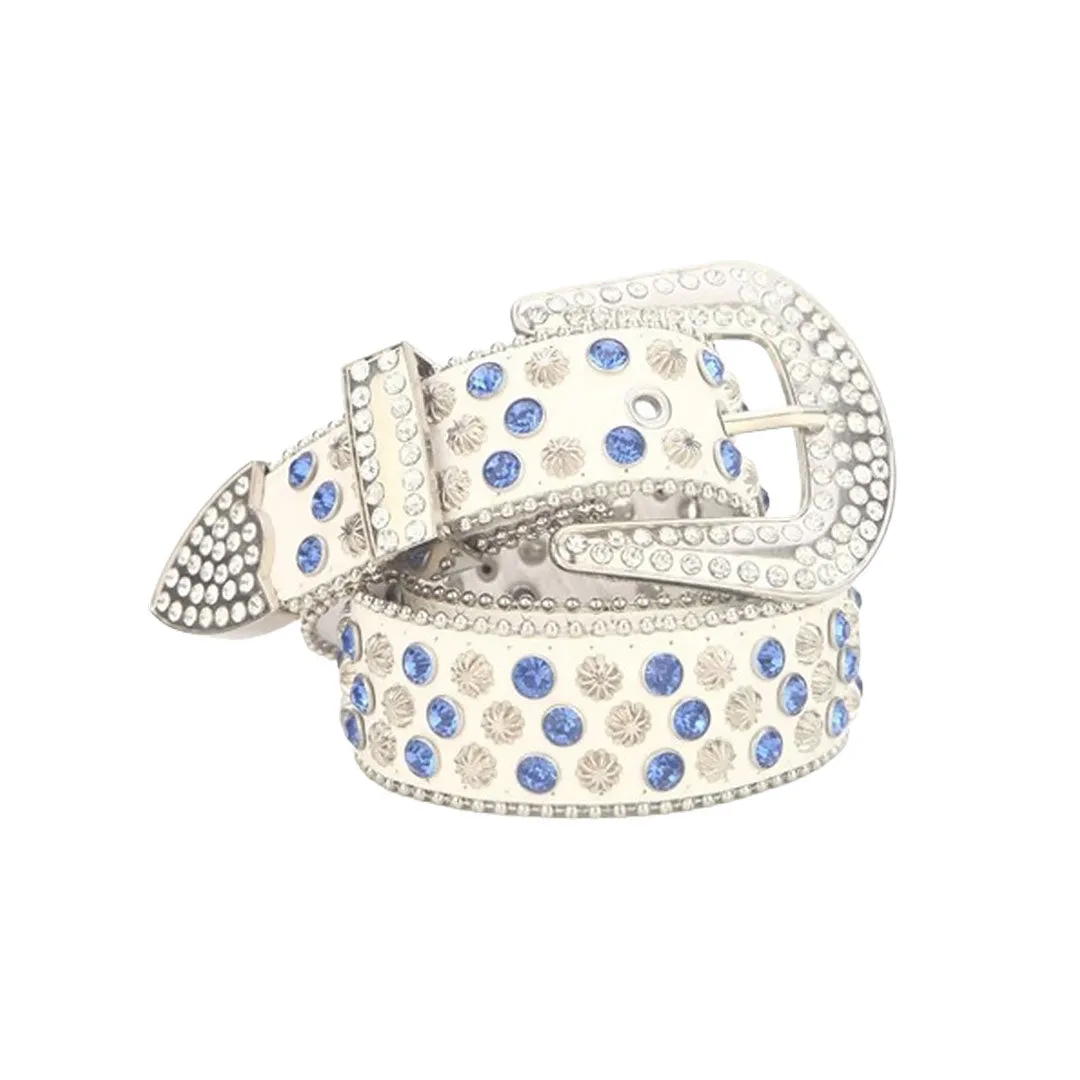 Rhinestone White Strap With White & Blue Studded Belt