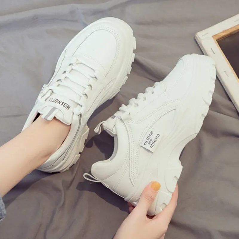 Rimocy Beige White Platform Sneakers for Women  Round Toe Lace-up Casual Shoes Woman Breathable Thick Sole Non-slip Sneakers