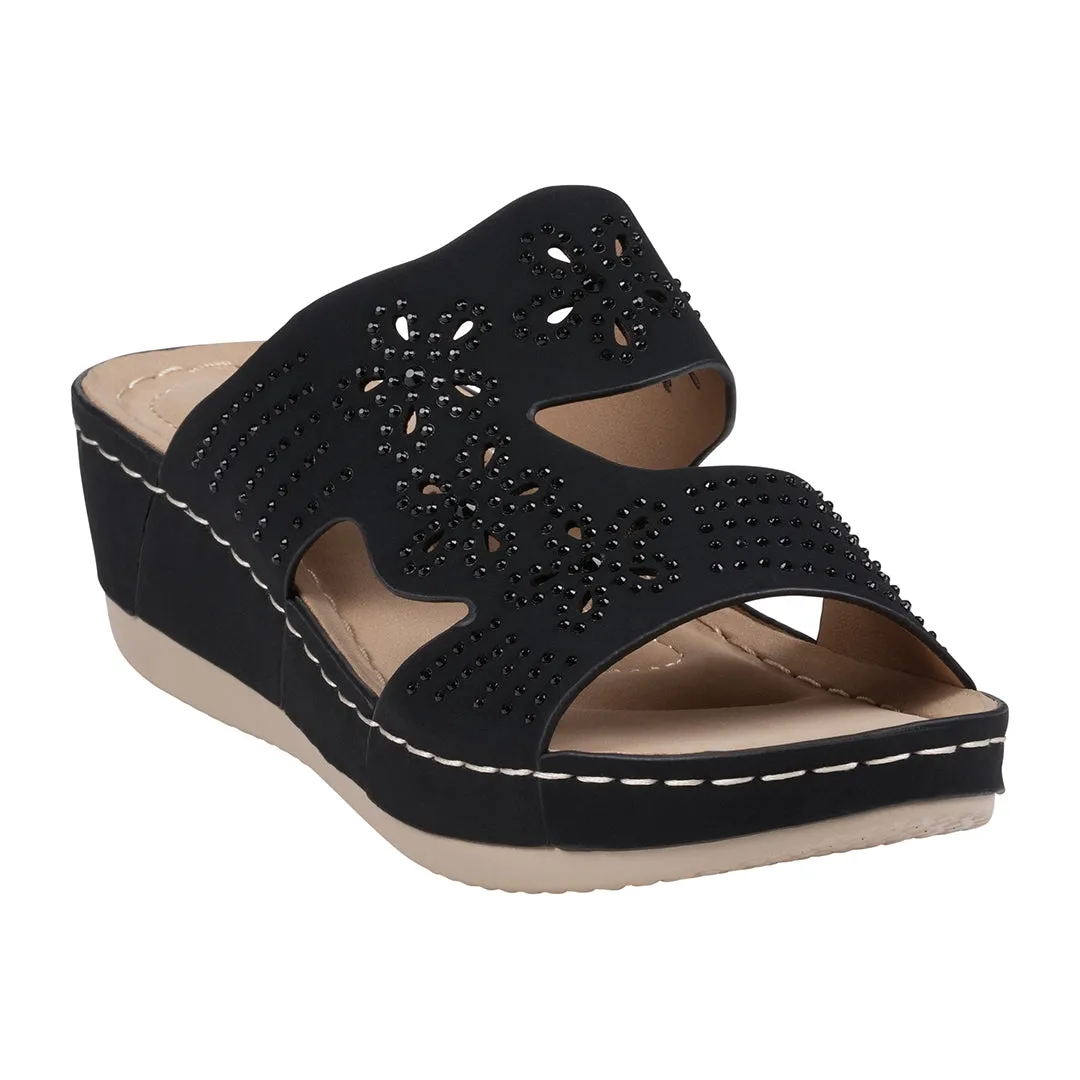 Santiago Black Perforated Studded Wedge Sandals