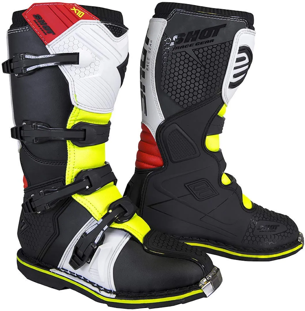 Shot X10 2.0 Motocross MX Boots - Black / Red / White / Yellow