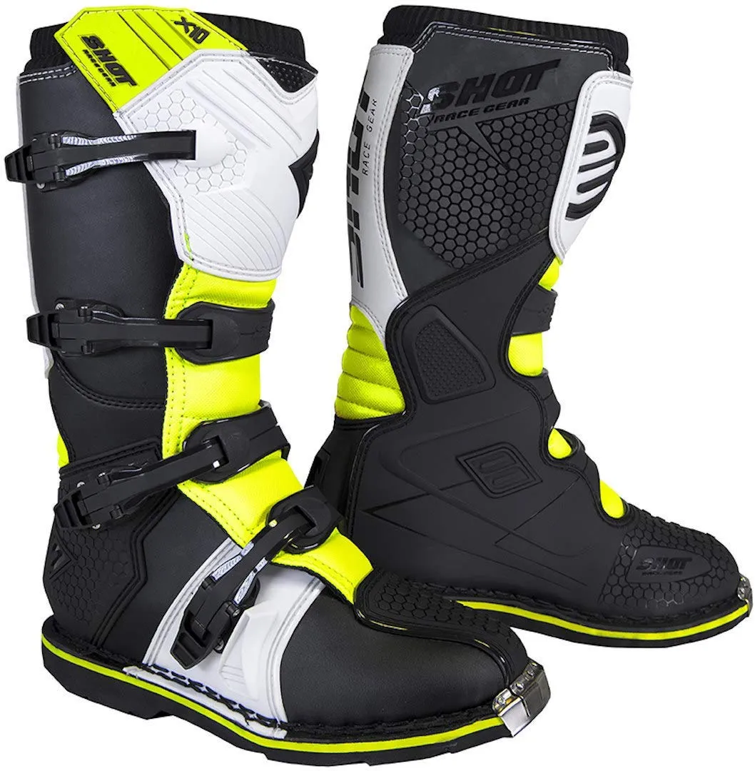 Shot X10 2.0 Motocross MX Boots - Black / White / Yellow