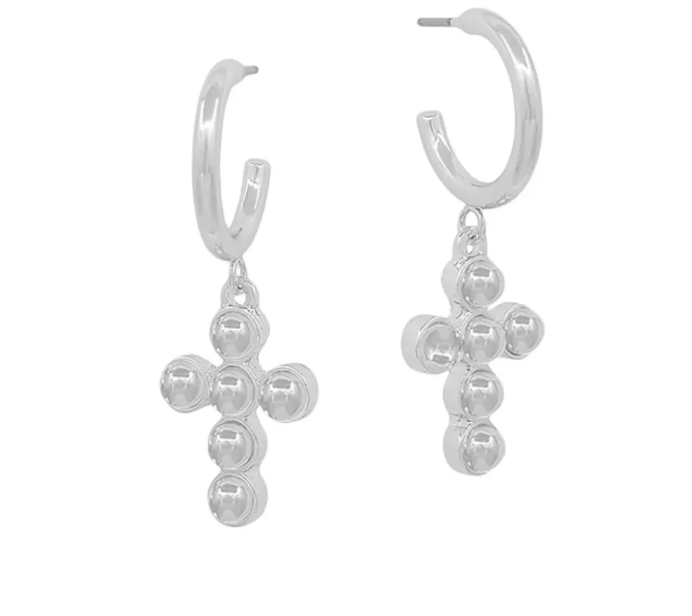 Silver Huggie Hoop with Silver Studded Cross Charm Earring