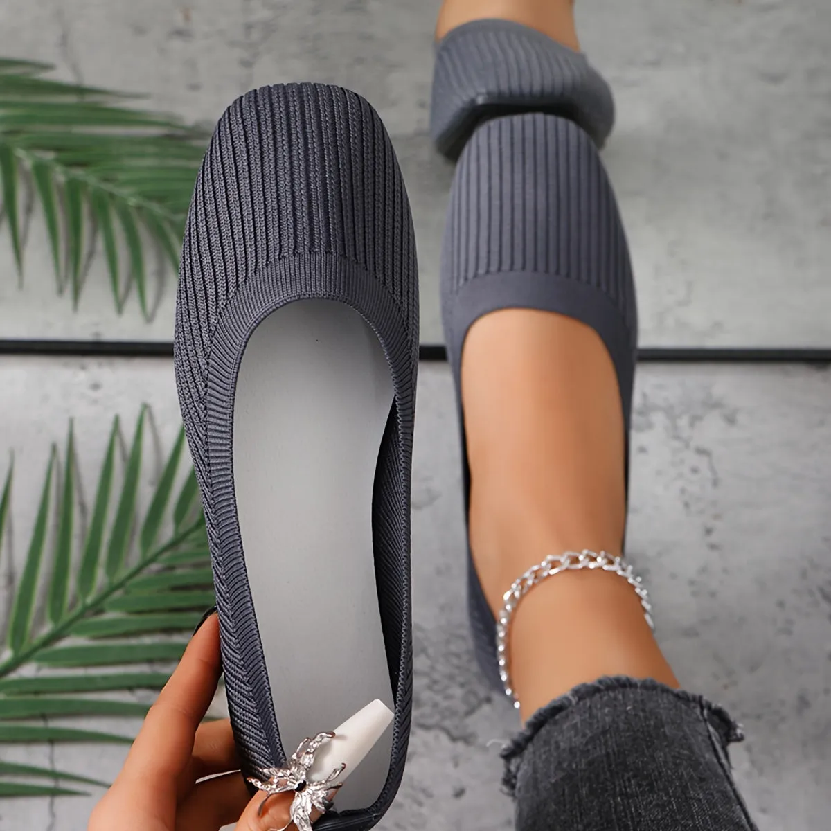 Soft Sole Ballet Flats - Stylish Square Toe Design, Ultra-Soft Knitted Sole, Easy Slip-On, Breathable, Casual - Designed for Women, Timeless Solid Color Option