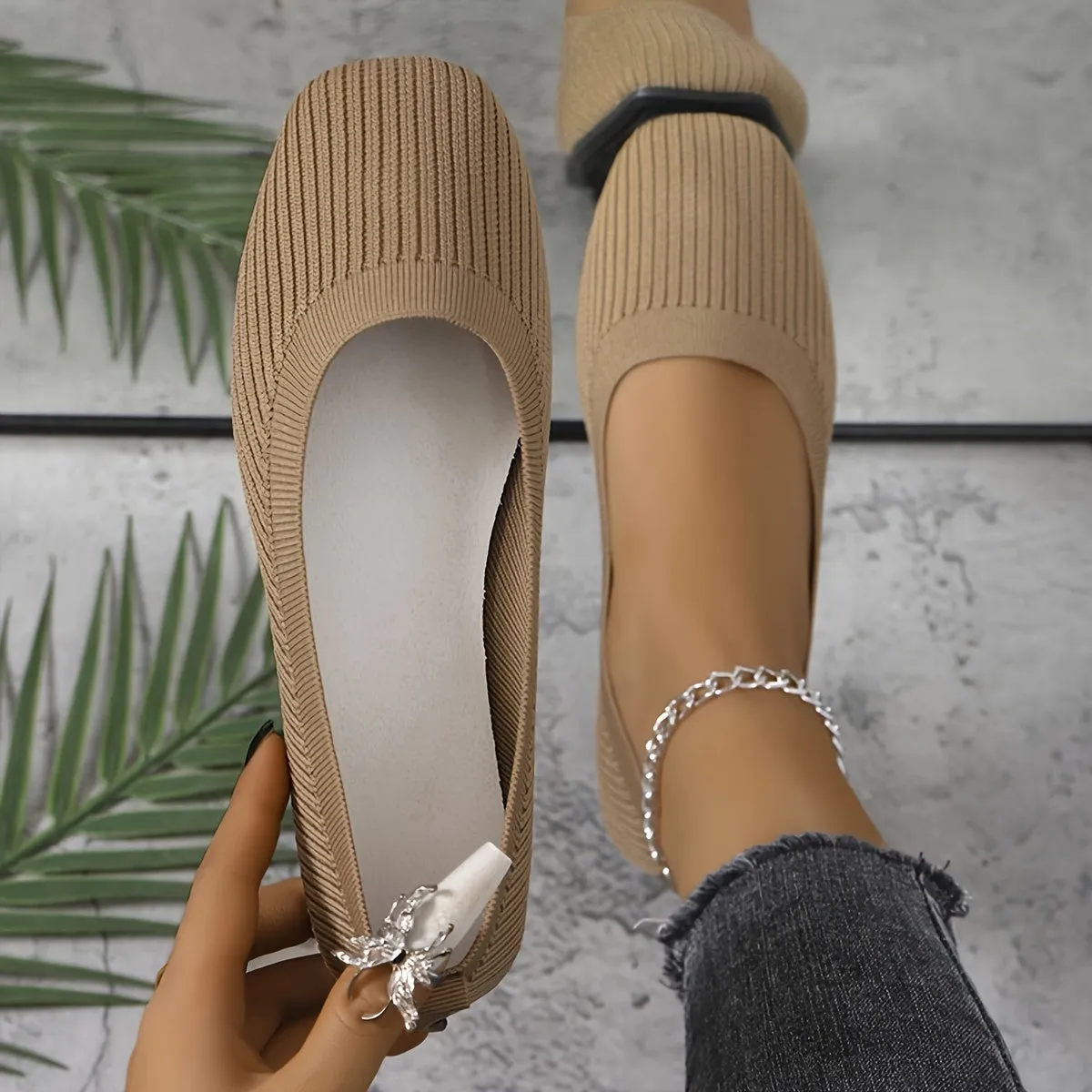 Soft Sole Ballet Flats - Stylish Square Toe Design, Ultra-Soft Knitted Sole, Easy Slip-On, Breathable, Casual - Designed for Women, Timeless Solid Color Option