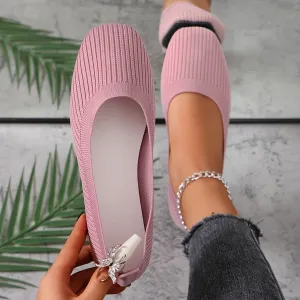 Soft Sole Ballet Flats - Stylish Square Toe Design, Ultra-Soft Knitted Sole, Easy Slip-On, Breathable, Casual - Designed for Women, Timeless Solid Color Option