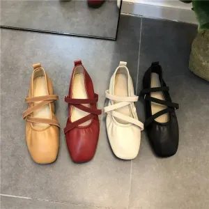 Sohiwoo Spring Ballet Flat Shoes Women Comfy Leather Shoes 2024 Women Luxury Women Square Toe Flat Mary Janes Ladies Shoes Double Buckle