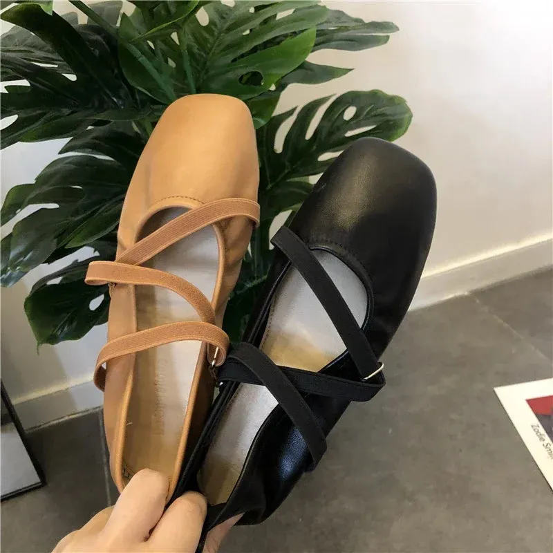 Sohiwoo Spring Ballet Flat Shoes Women Comfy Leather Shoes 2024 Women Luxury Women Square Toe Flat Mary Janes Ladies Shoes Double Buckle