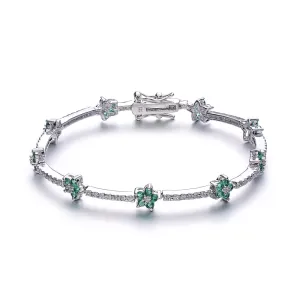 Sterling Silver Green and White Cubic Zirconia Flower Design Bracelet