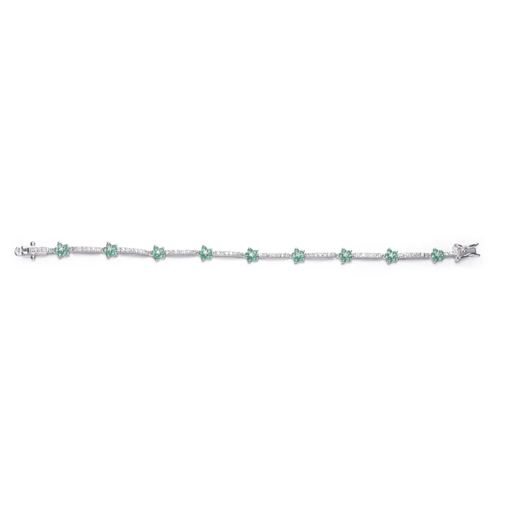 Sterling Silver Green and White Cubic Zirconia Flower Design Bracelet