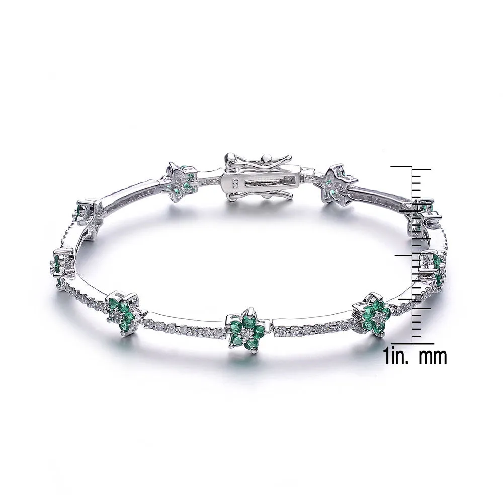 Sterling Silver Green and White Cubic Zirconia Flower Design Bracelet