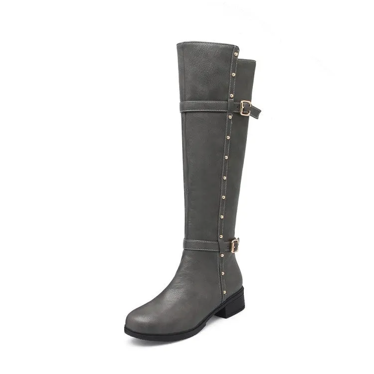 Studded Buckle Tall Motorcycle Boots Square Heel for Women 9496