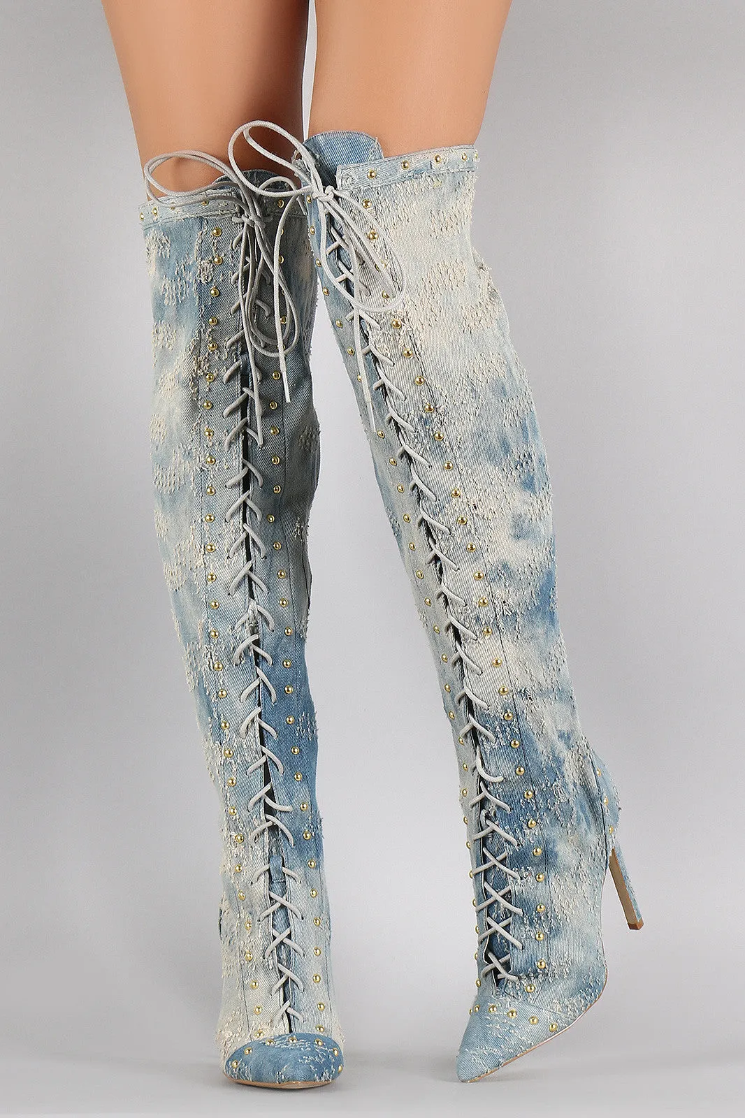 Studded Distressed Denim Lace Up Over-The-Knee Stiletto Boots