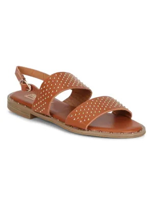 Tan PU Studded Ankle Strap Flat Sandals