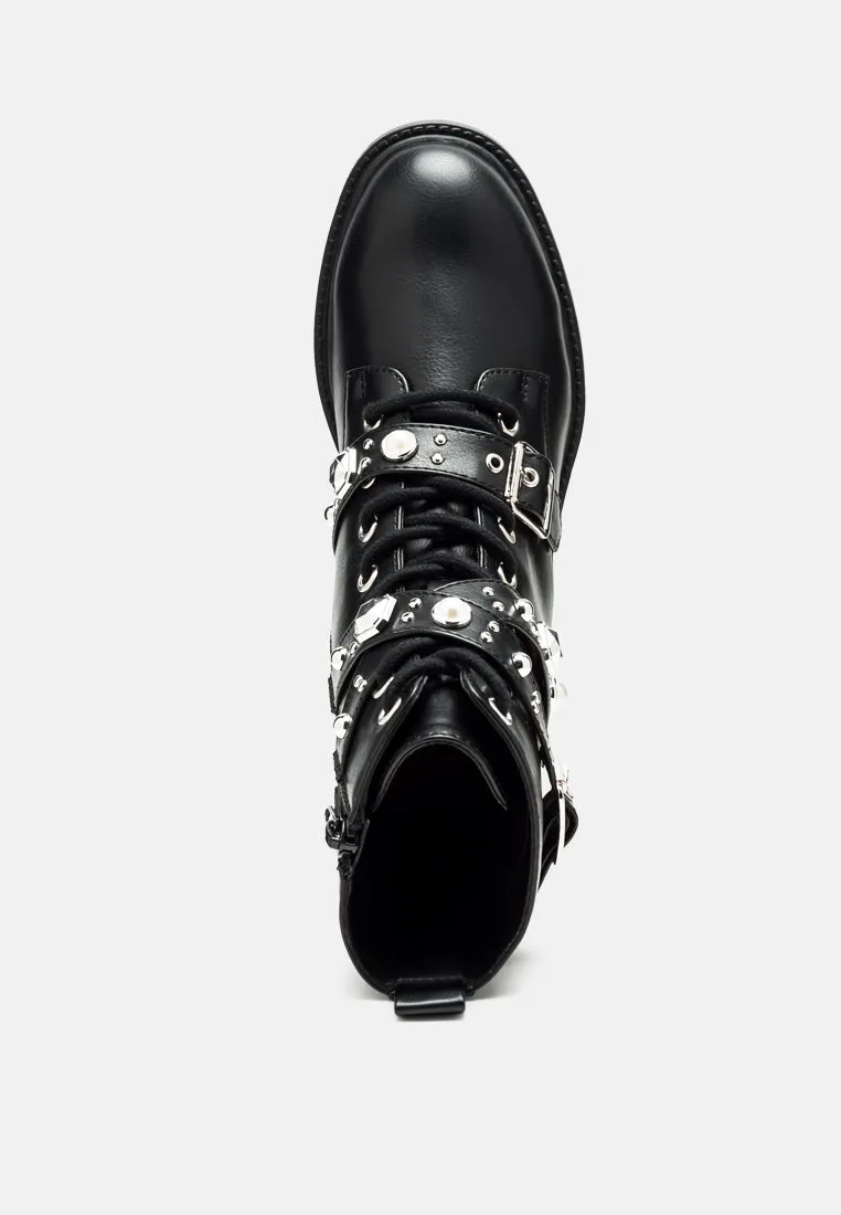 Tucker Studded Strped Lace-Up Biker Boots