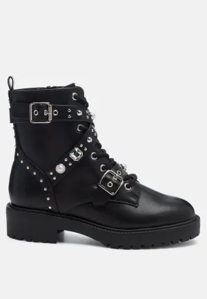 Tucker Studded Strped Lace-Up Biker Boots