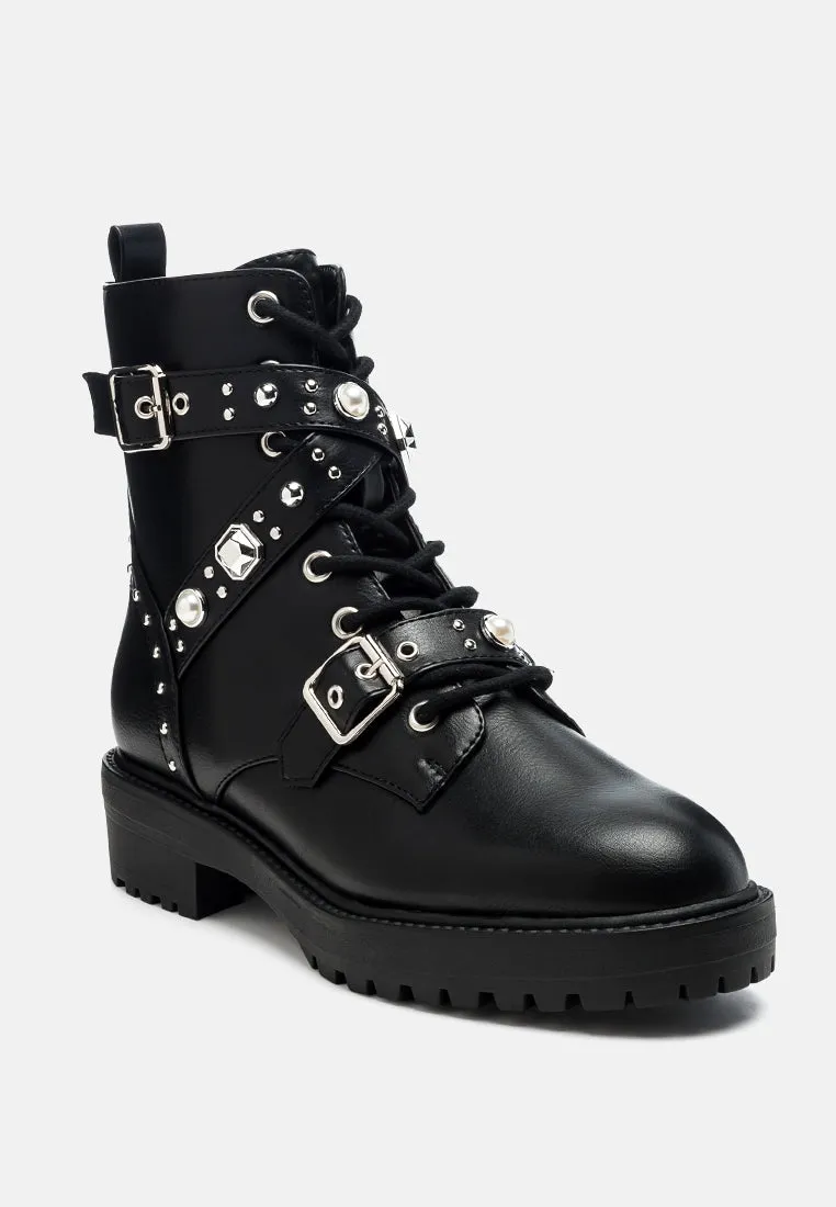 Tucker Studded Strped Lace-Up Biker Boots