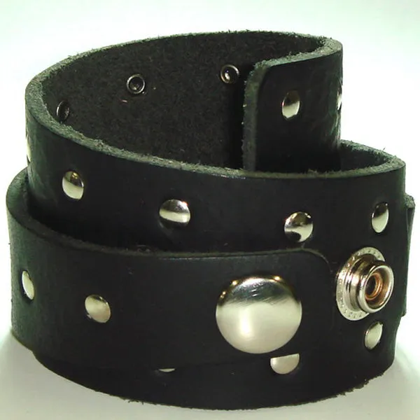 Twirl Studded Black Leather Snap On Cuff