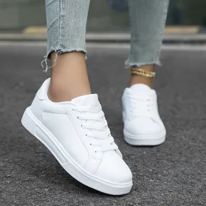 Versatile White Low Top Lace Up Flat Sneakers for Women - Breathable Fabric Lining, EVA Insole, Round Toe, Faux Leather Upper, All-Season Wear - Perfect for Casual Outdoor Walking and Daily Trainers