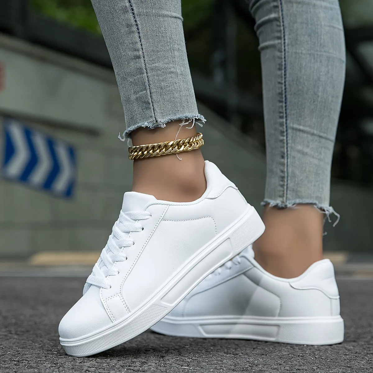 Versatile White Low Top Lace Up Flat Sneakers for Women - Breathable Fabric Lining, EVA Insole, Round Toe, Faux Leather Upper, All-Season Wear - Perfect for Casual Outdoor Walking and Daily Trainers