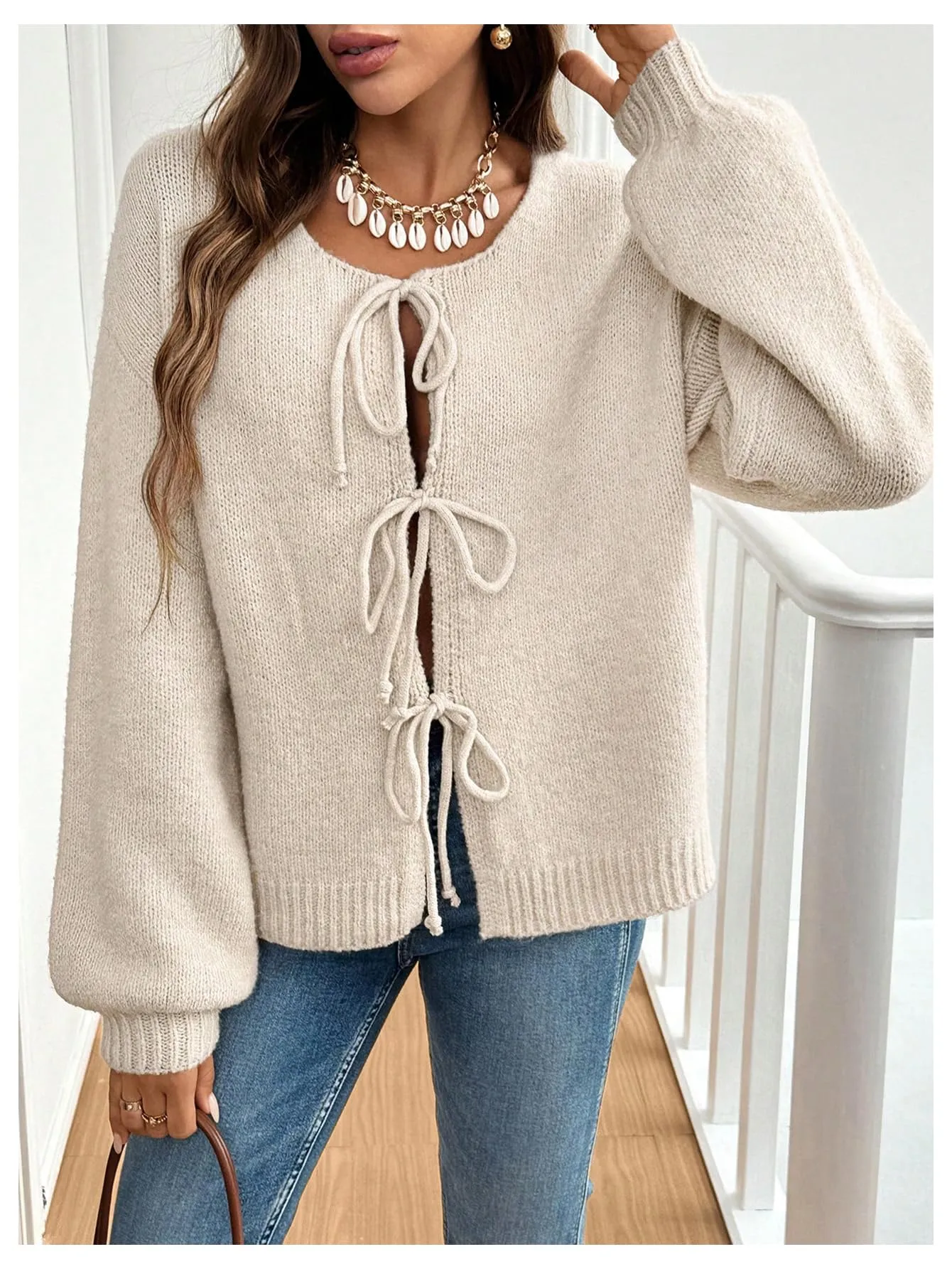 WDIRARA Women's Tie Front Crewneck Knit Cardigan Long Sleeve Drop Shoulder Sweater Apricot Large