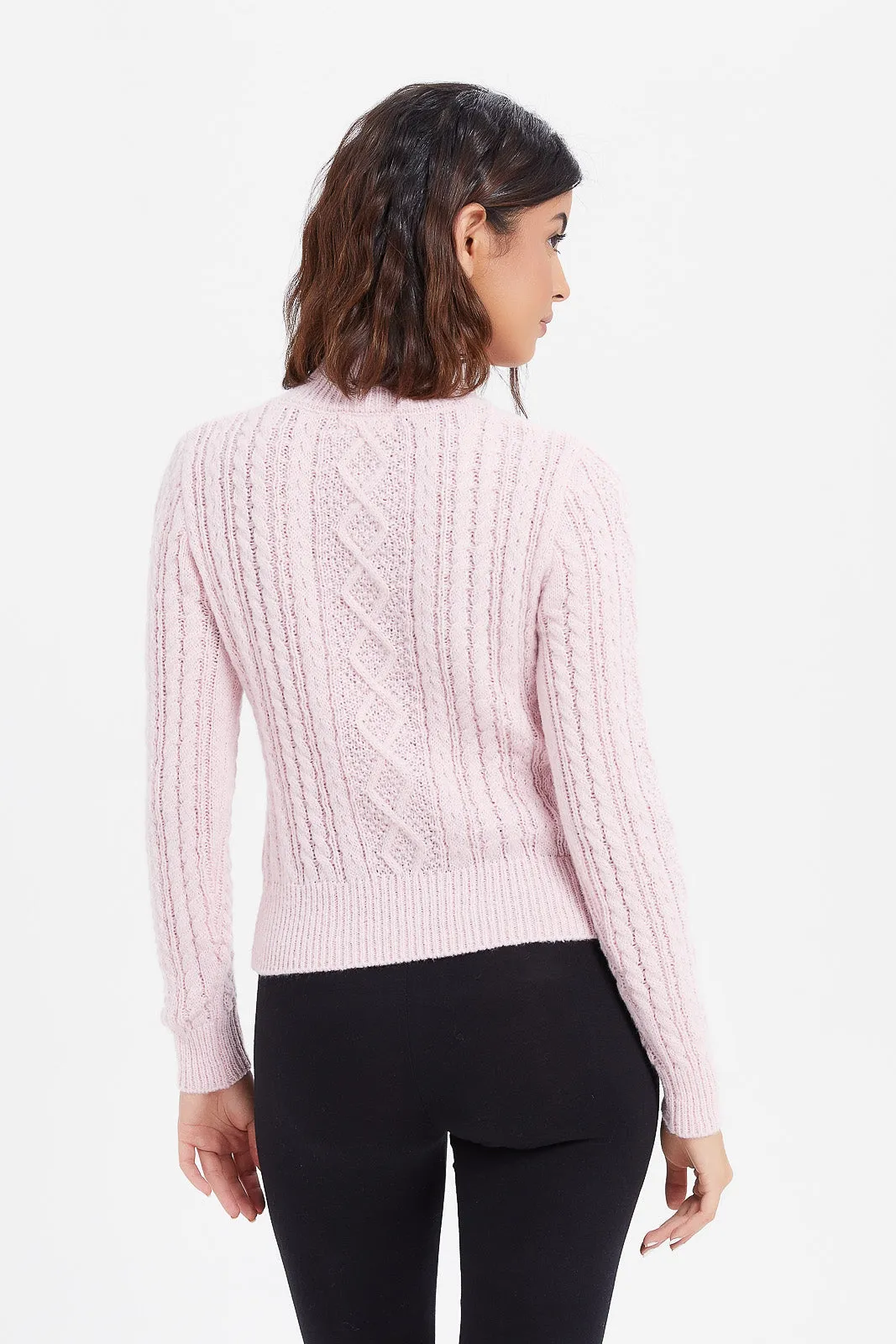 Women Pink High Neck Cable Pullover