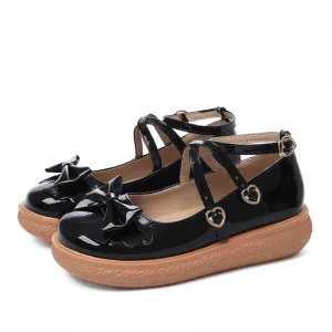 Women's Patent Leather Bowtie Ankle Strap Flats Shoes