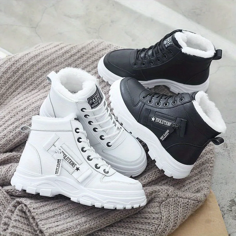 Women's Plush Lined Ankle Boots, Winter Warm Lace Up High Top Sneakers, Thermal Outdoor Short Boots