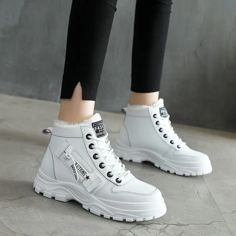 Women's Plush Lined Ankle Boots, Winter Warm Lace Up High Top Sneakers, Thermal Outdoor Short Boots