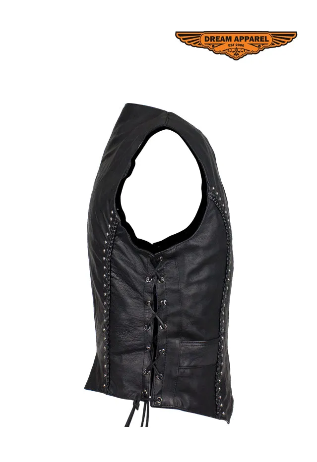 Womens Studded Naked Cowhide Leather Motorcycle Vest W/ Concealed Gun Pockets and Snaps